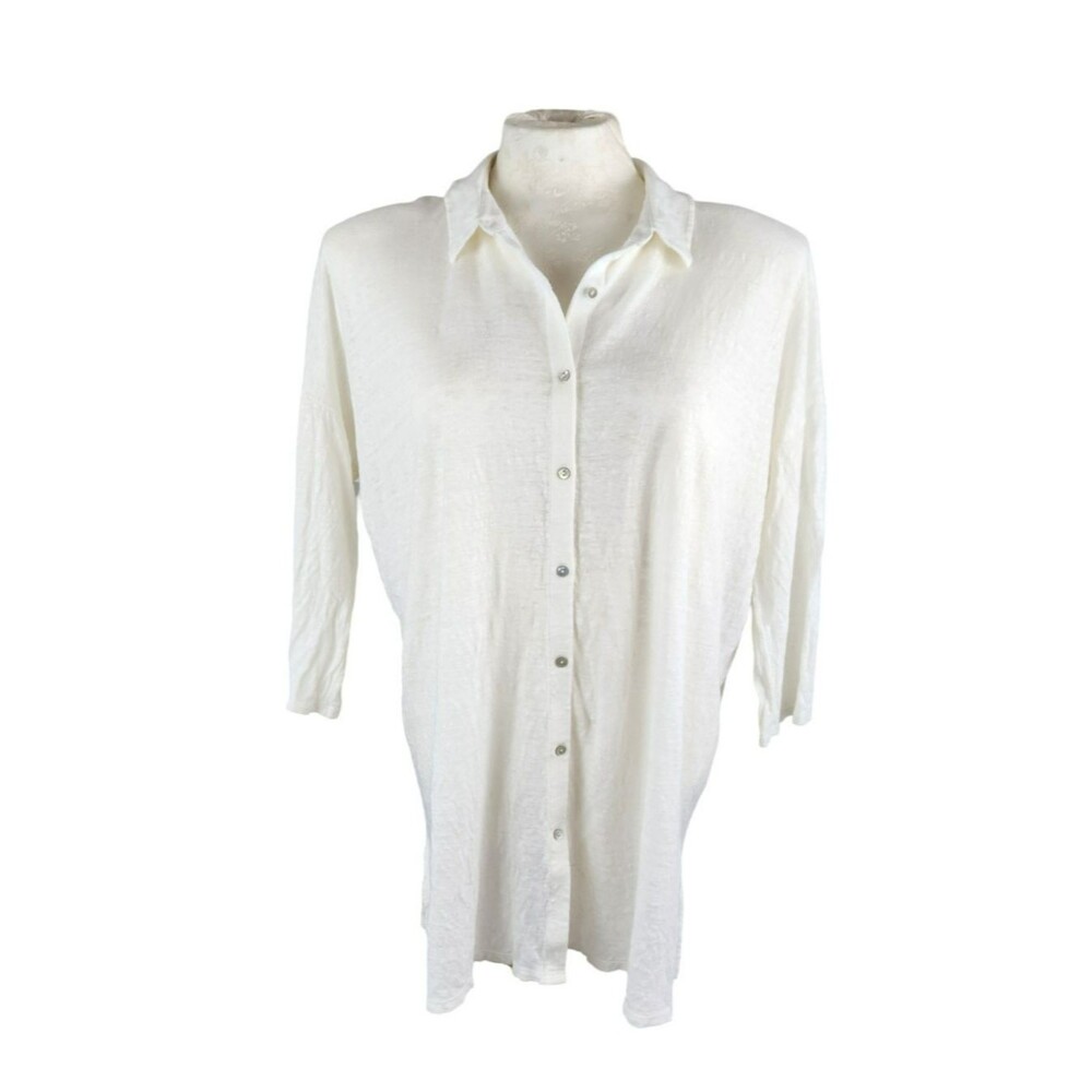 Eileen Fisher System Tunic Shirt Cardigan Ivory Organic Linen Button Down Medium - Picture 2 of 10